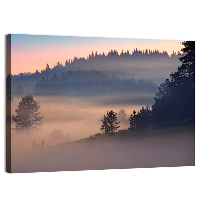 Misty Sunrise Forest Wall Art as a canvas print