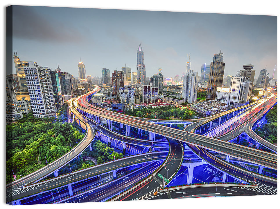Shanghai Dusk Interchange Cityscape Wall Art, canvas print, landscape
