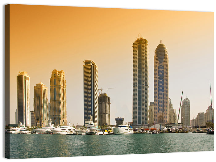 Dubai Marina Sunset Skyline with Yachts Wall Art as a canvas print