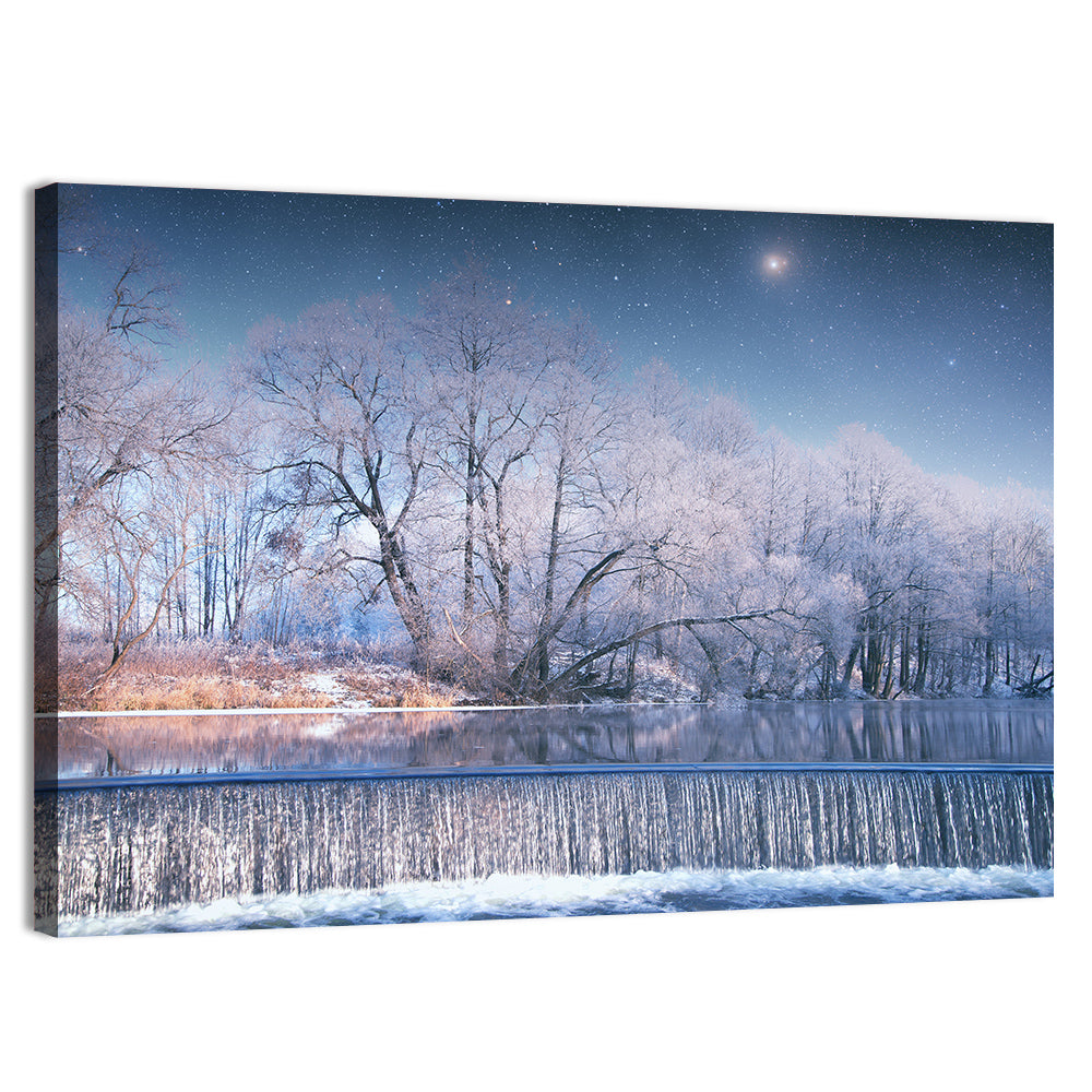 Starlit Winter Waterfall Wall Art, canvas print, landscape