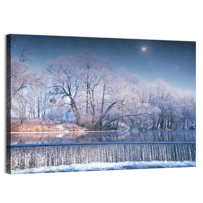 Starlit Winter Waterfall Wall Art as a canvas print