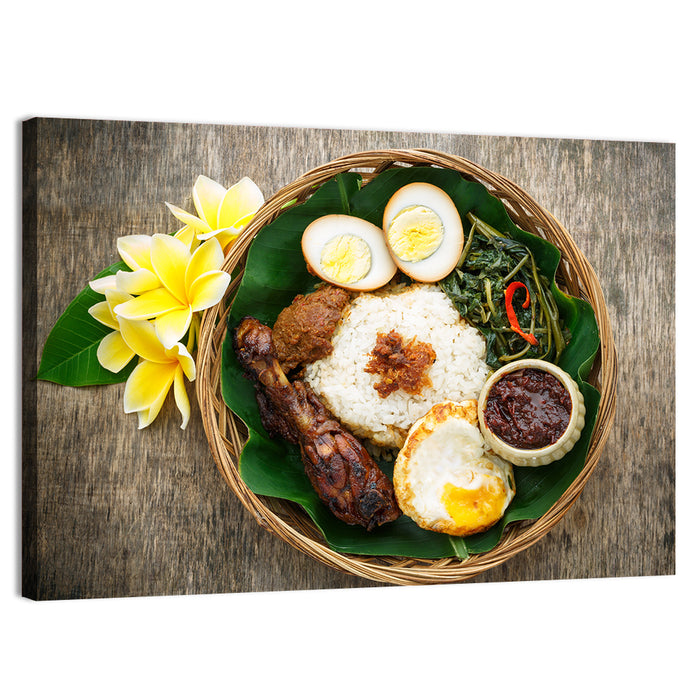 Nasi Campur in Woven Basket Wall Art as a canvas print