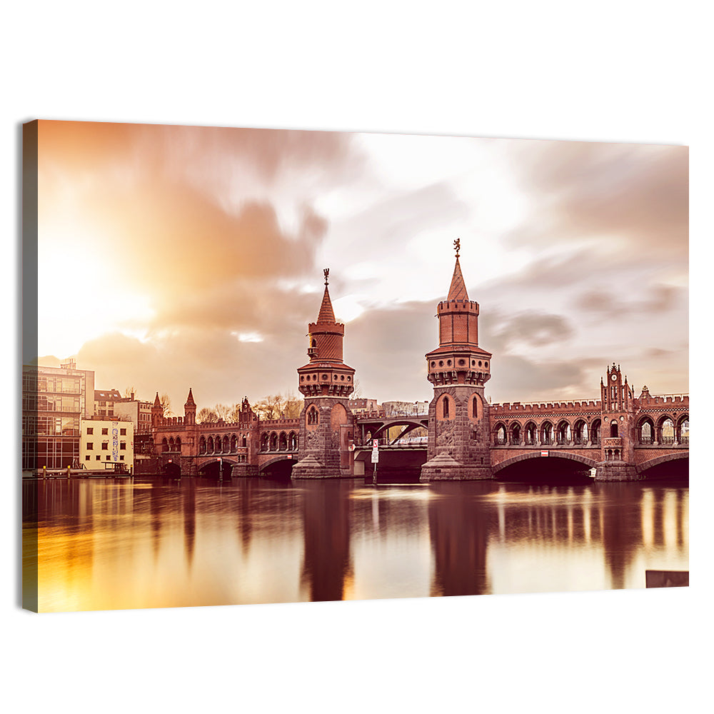 Oberbaumbruecke Sunset Reflection Berlin Wall Art, canvas print, landscape