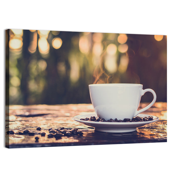 Steaming White Coffee Cup Wall Art as a canvas print