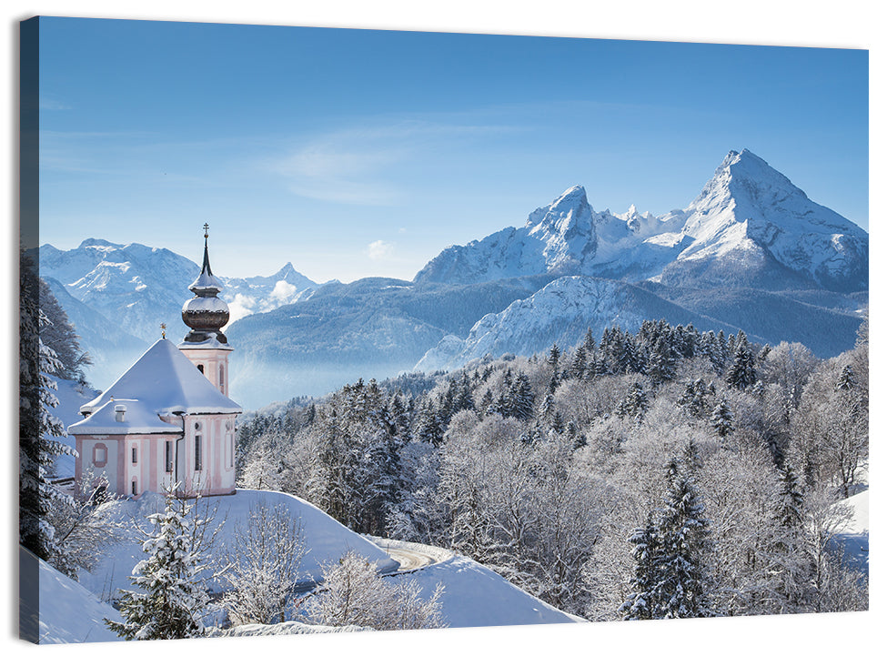Maria Gern Church and Watzmann in Winter Wall Art, canvas print, landscape