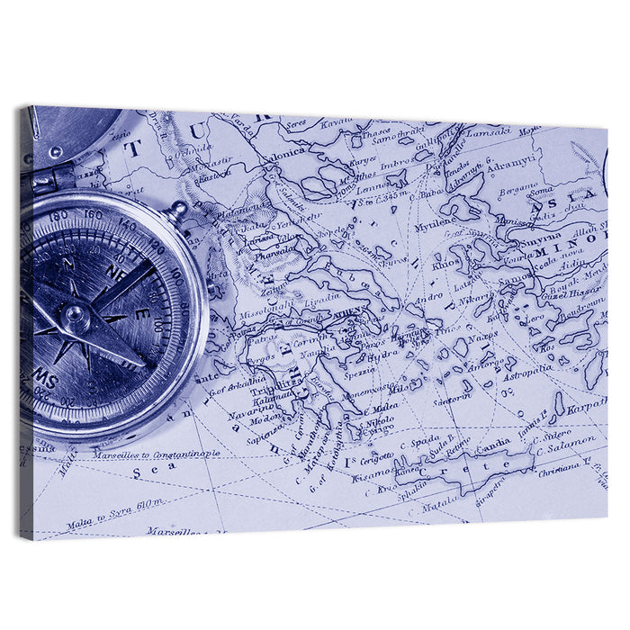 Aegean Nautical Map with Compass Wall Art as a canvas print