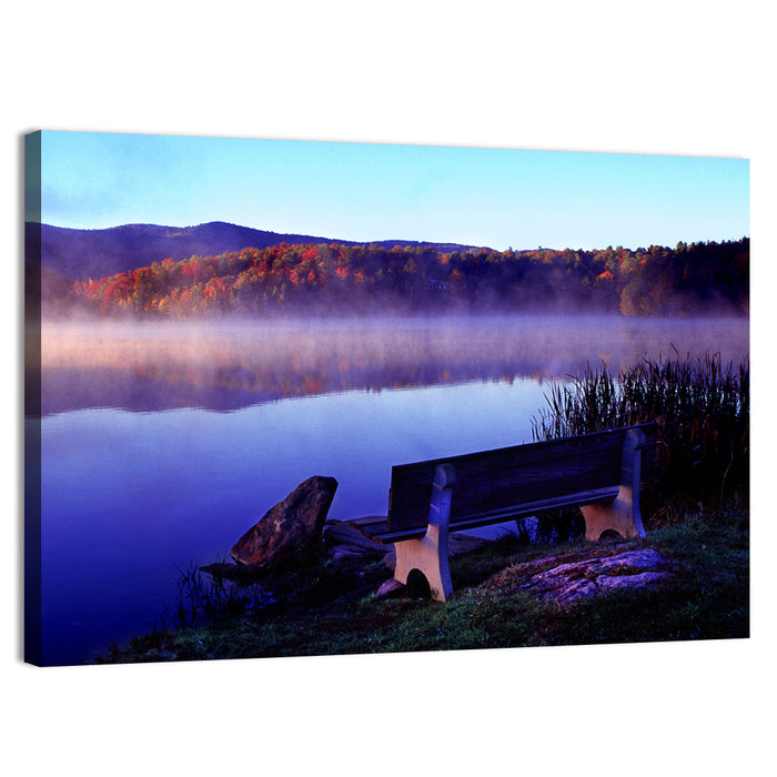 Bench at Misty Lake Sunrise Wall Art as a canvas print
