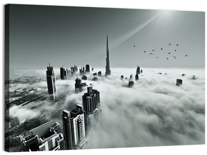 Burj Khalifa Rising Through Morning Fog Wall Art as a canvas print
