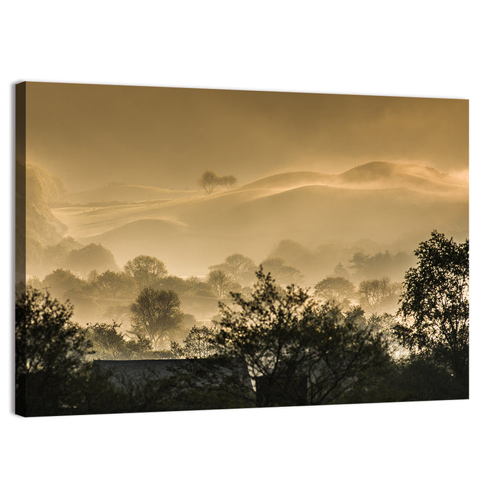 Bronze Morning Mist Over Hills Wall Art as a canvas print
