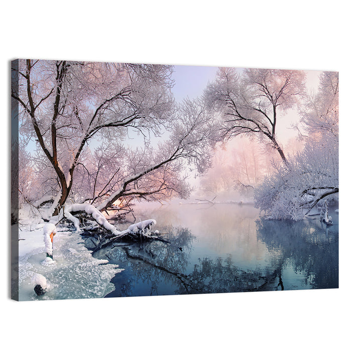 Snowy Lake Morning Mist Wall Art as a canvas print