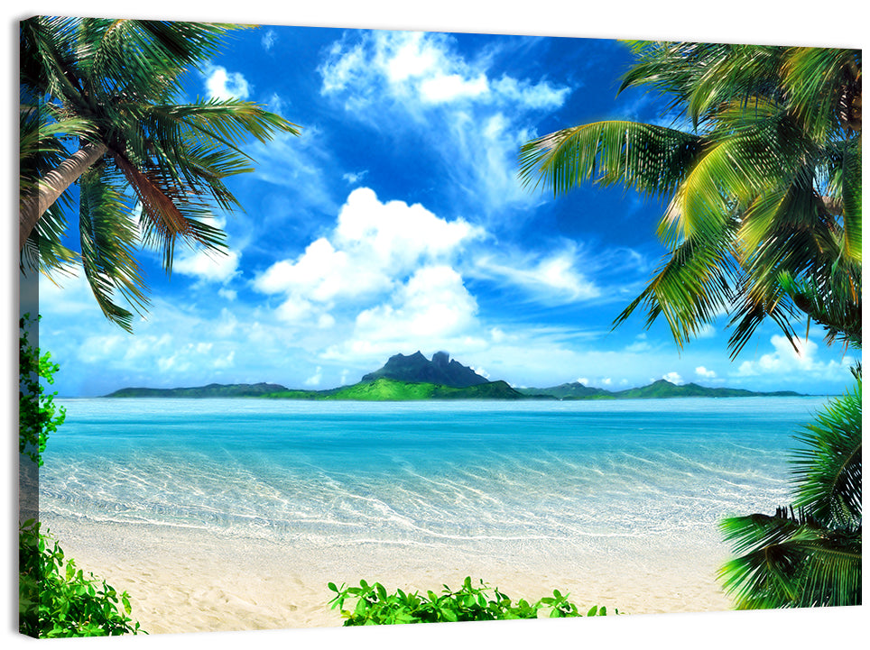 Palm-framed Tropical Island Beach Wall Art, canvas print, landscape