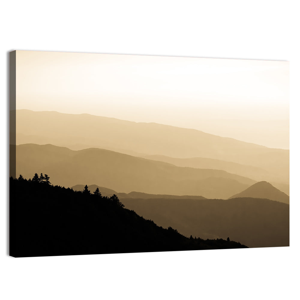 Foggy Mountain Sunset with Evergreen Silhouettes Wall Art