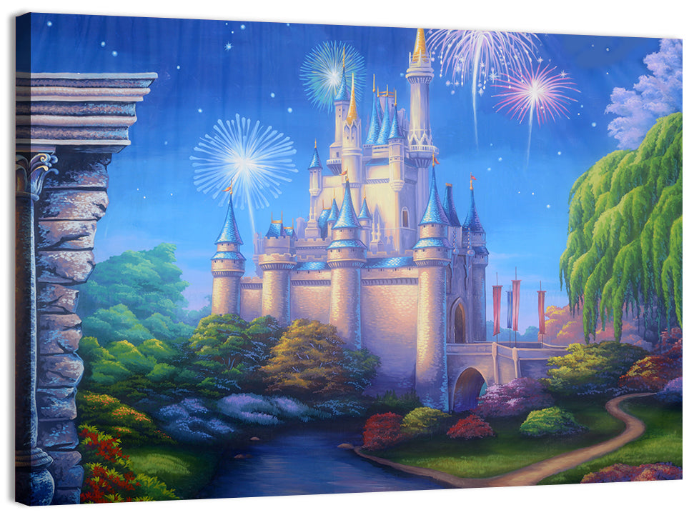 Cinderella Castle Fireworks Illustration Wall Art, canvas print, landscape