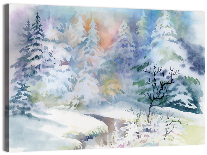 Winding Winter Stream Watercolor Wall Art as a canvas print