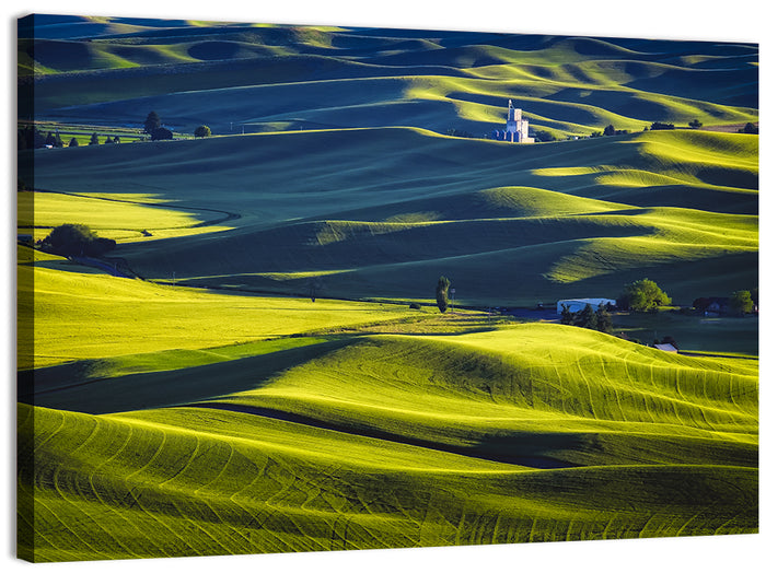 Palouse Hills with Grain Elevator Wall Art as a canvas print