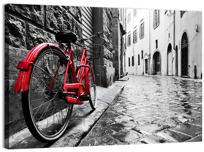 Red Bicycle on Rainy Cobblestone Street Wall Art as a canvas print