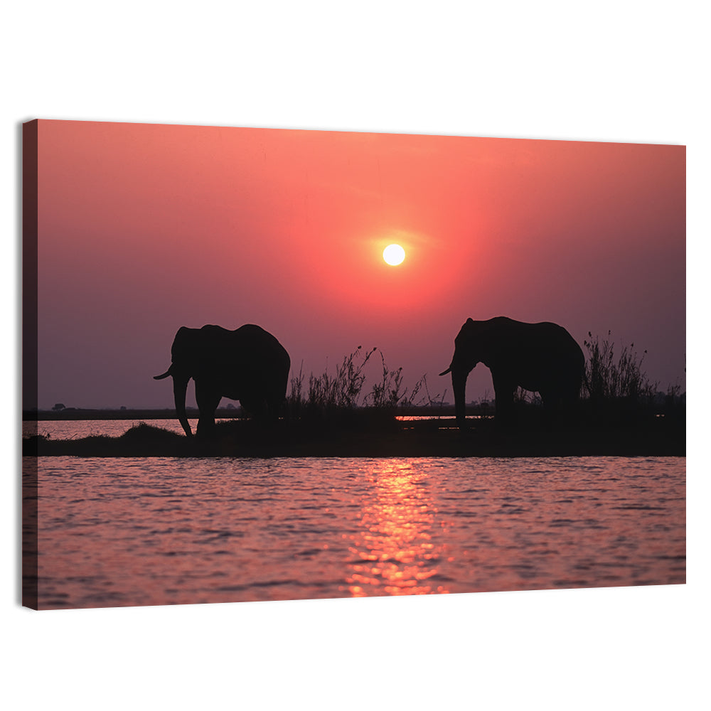 Elephants at Sunset Silhouette Wall Art, canvas print, landscape