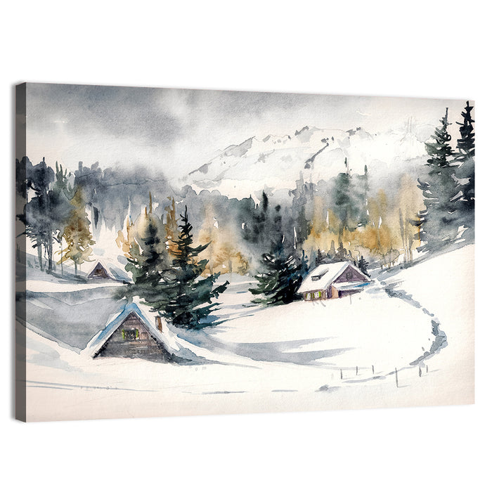Snowy Mountain Village Watercolor Wall Art as a canvas print