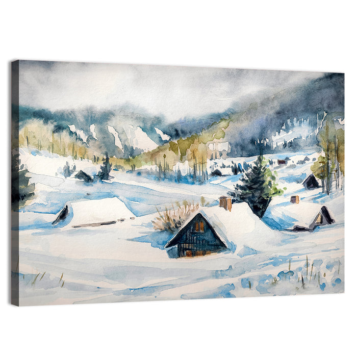 Snowy Mountain Village Wall Art as a canvas print