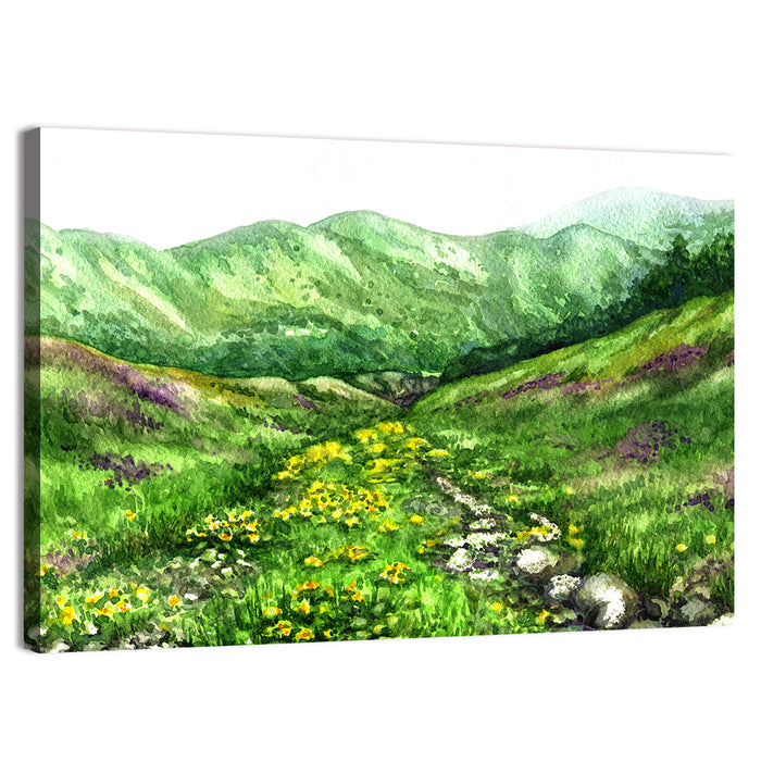Blooming Mountain Valley Wall Art as a canvas print