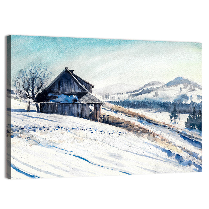 Snowy Mountain Cabin Wall Art as a canvas print