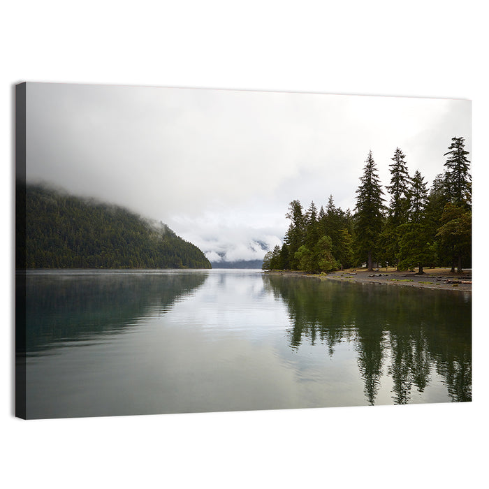 Foggy Lake Crescent Reflection Wall Art as a canvas print