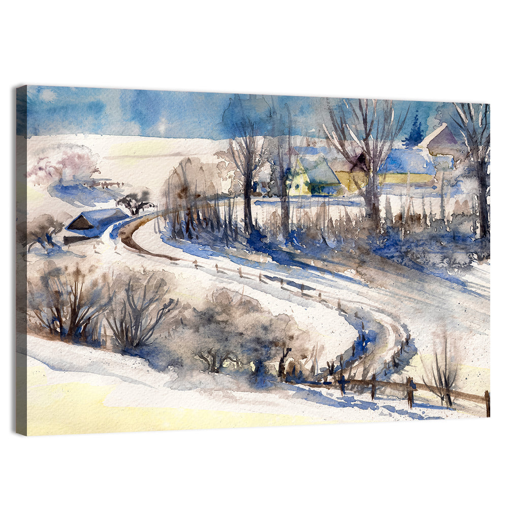 Snowy Village Road Wall Art, canvas print, landscape