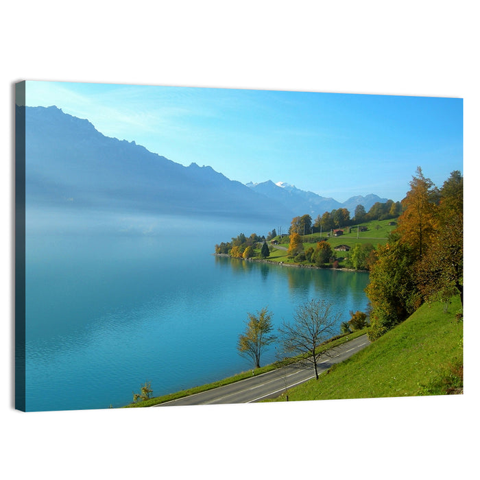 Lake Brienz Misty Shoreline Wall Art as a canvas print