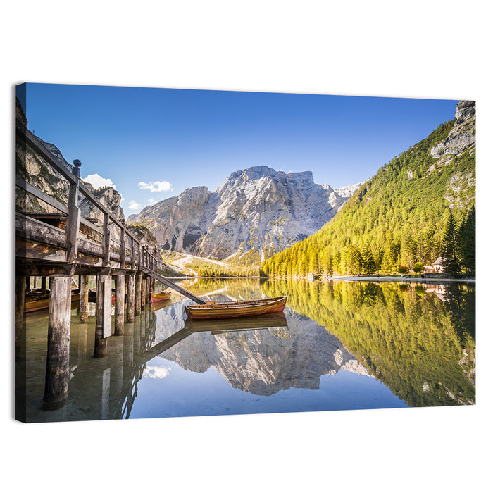 Lago Di Braies Pier Wall Art as a canvas print