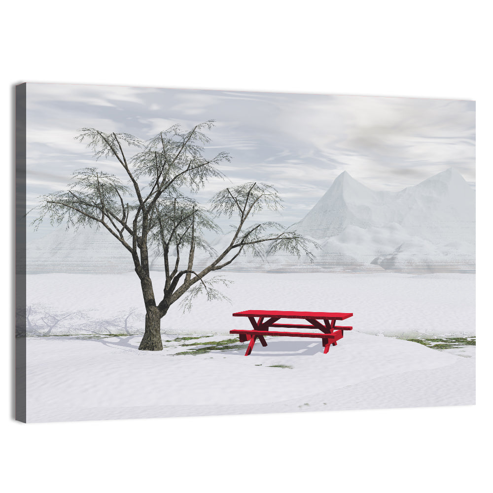 Red Picnic Table in Winter Park Wall Art, canvas print, landscape