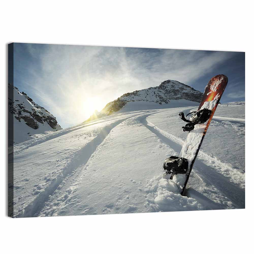 Snowboard on Snow-covered Mountain Slope Wall Art, canvas print, landscape