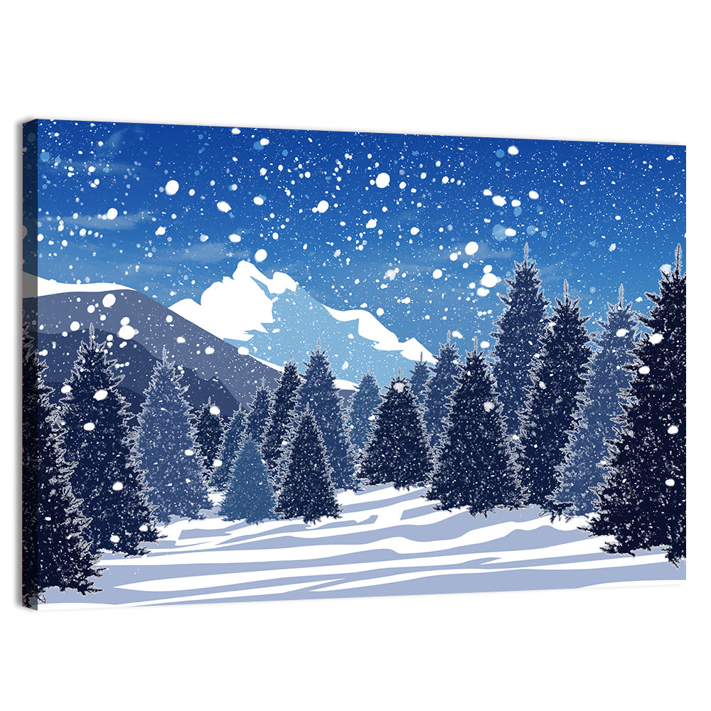 Snowy Evergreen Forest Illustration Wall Art, canvas print, landscape