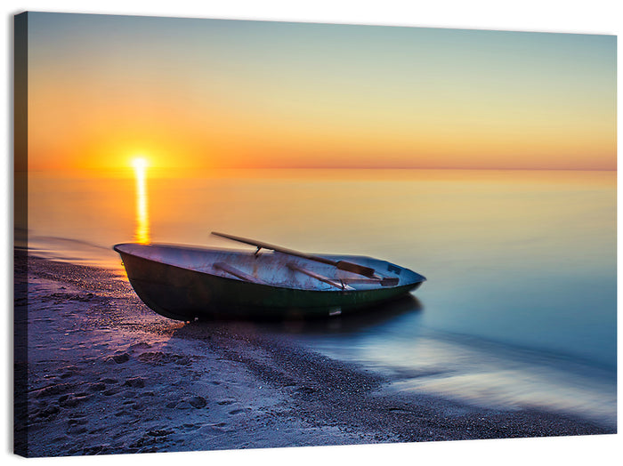 Rowboat Sunrise Seascape Wall Art as a canvas print