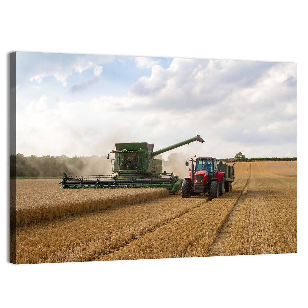 Wheat Harvest with Combine and Tractor Wall Art, canvas print, landscape
