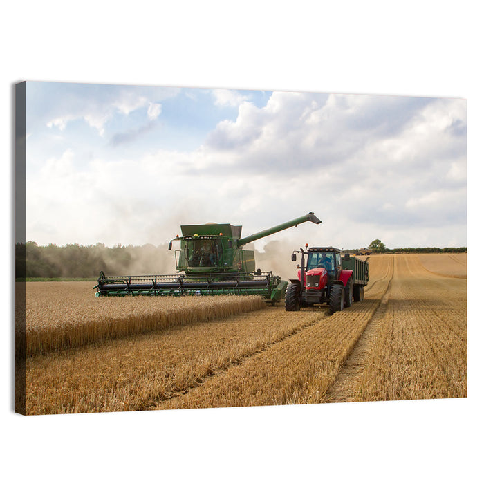 Wheat Harvest with Combine and Tractor Wall Art as a canvas print