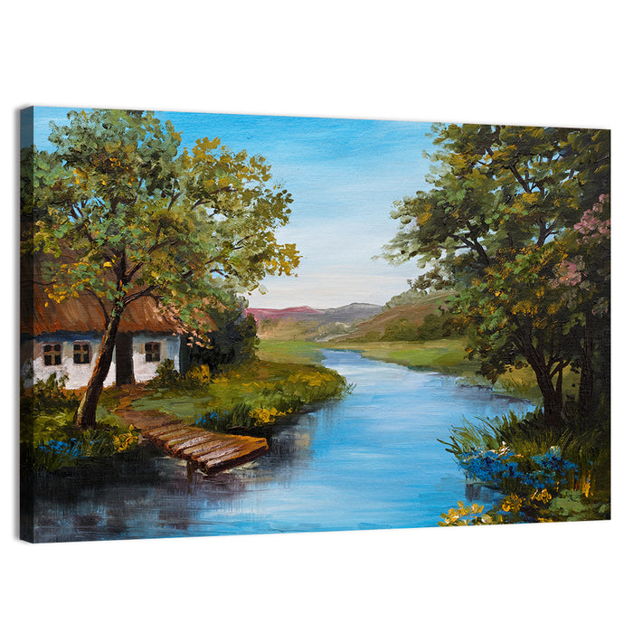 Thatched Cottage by the River Wall Art as a canvas print