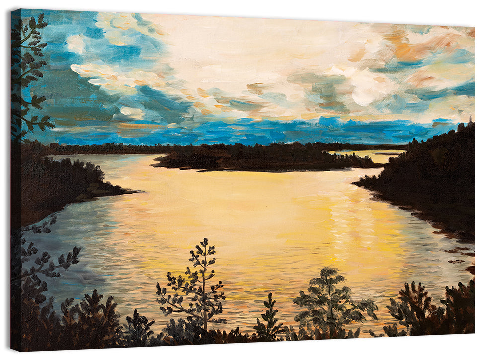 Golden Lake Sunset Painting Wall Art, canvas print, landscape
