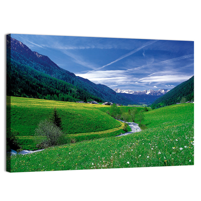 Snow-capped Peaks and Floral Meadow Wall Art as a canvas print