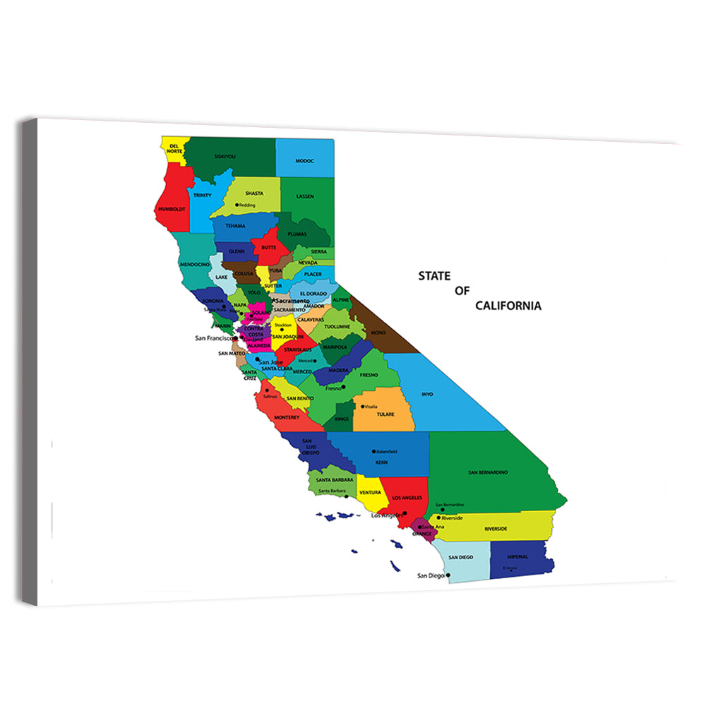 California Map with Colored Counties Wall Art, canvas print, landscape