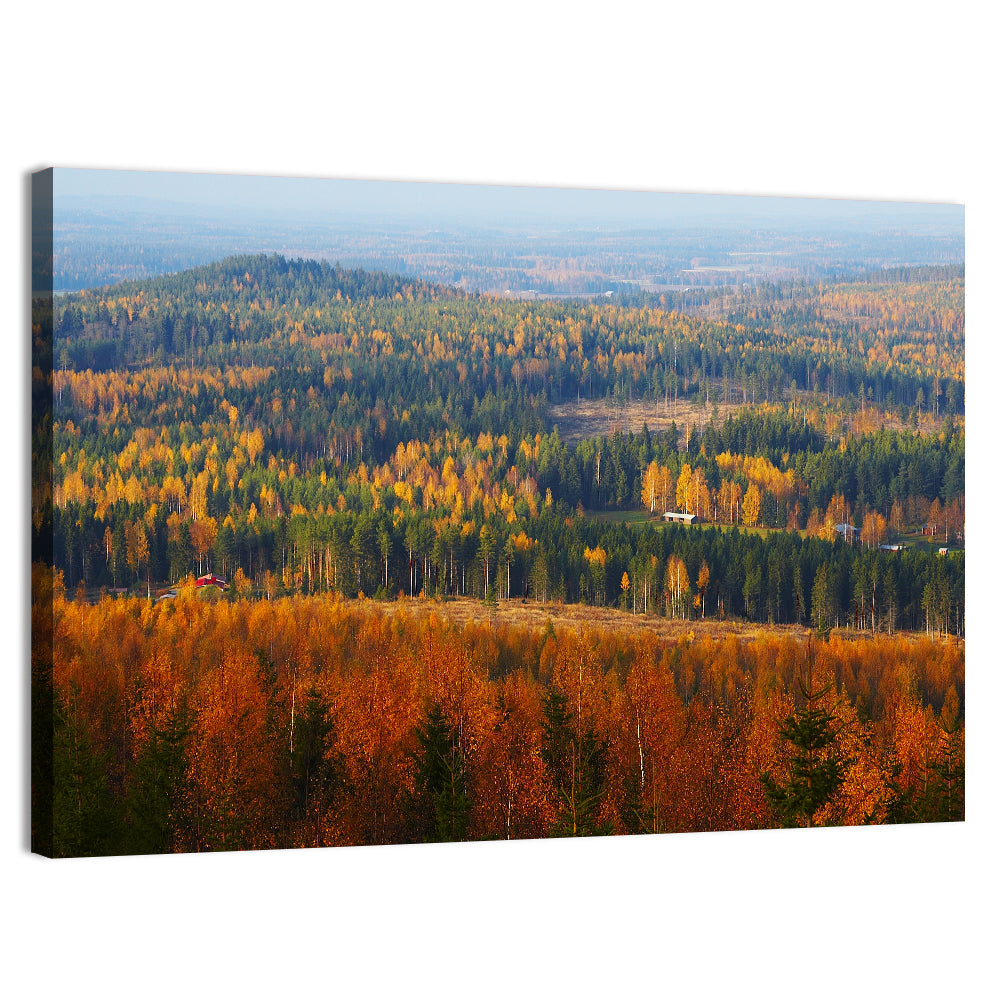 Finnish Autumn Landscape with Red-roofed House Wall Art, canvas print, landscape