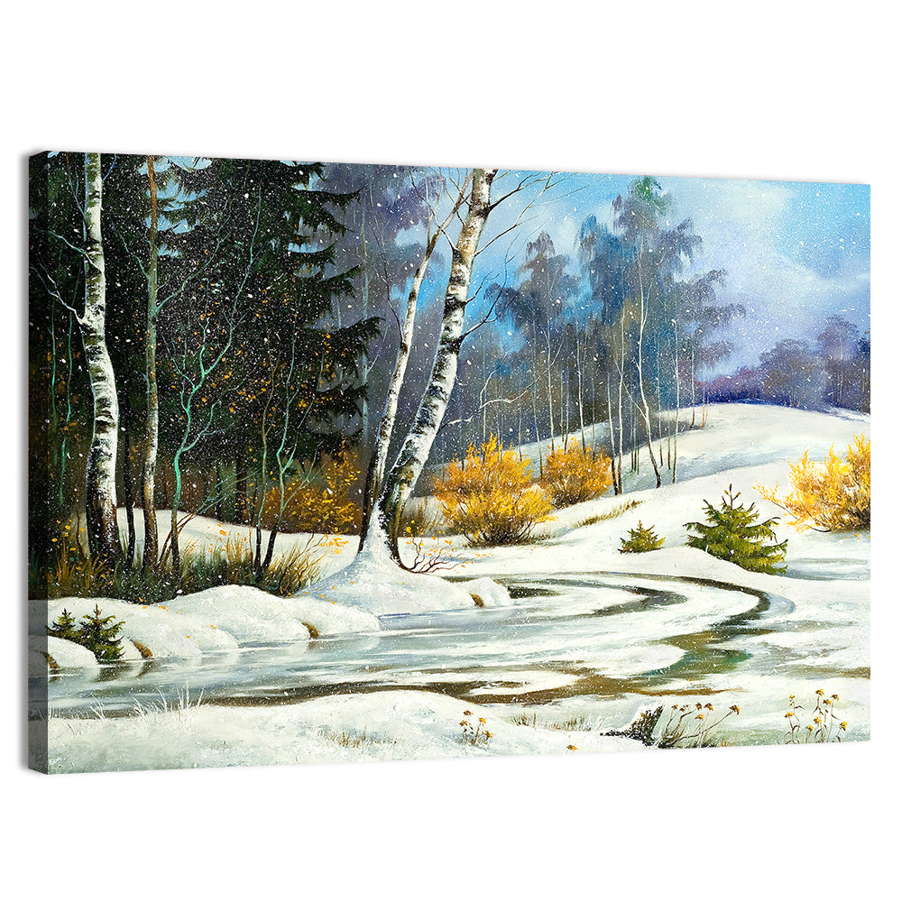 Birch Trees and Frozen Creek Landscape Wall Art, canvas print, landscape