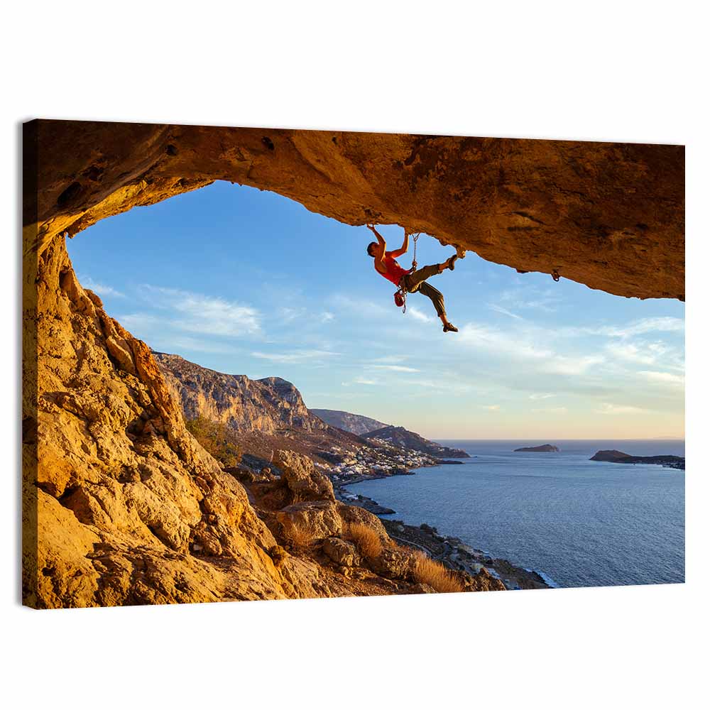 Climber on Overhanging Coastal Rock Wall Art, canvas print, landscape