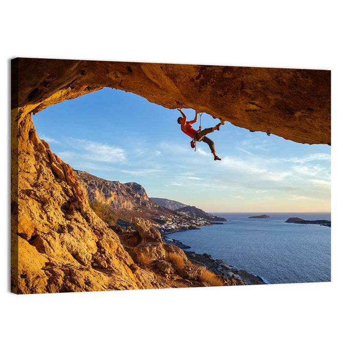 Climber on Overhanging Coastal Rock Wall Art as a canvas print