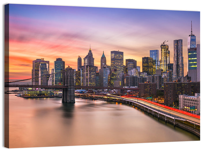 Brooklyn Bridge Light Trails Over Lower Manhattan Wall Art as a canvas print