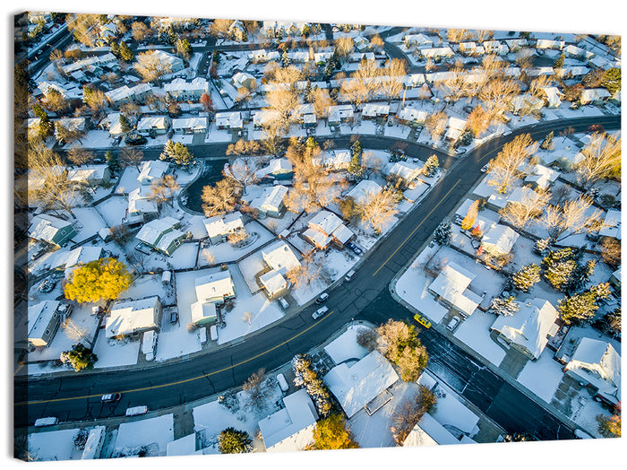 Snowy Fort Collins Neighborhood Aerial Wall Art as a canvas print