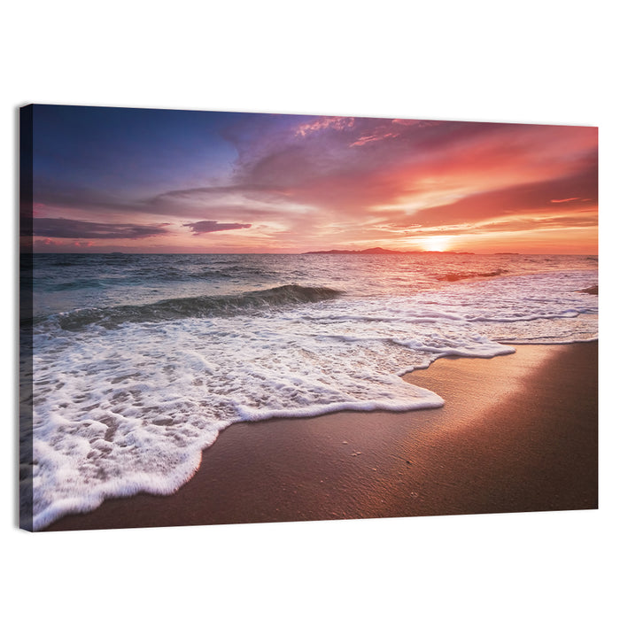 Thai Sunset Over Foamy Shore Wall Art as a canvas print