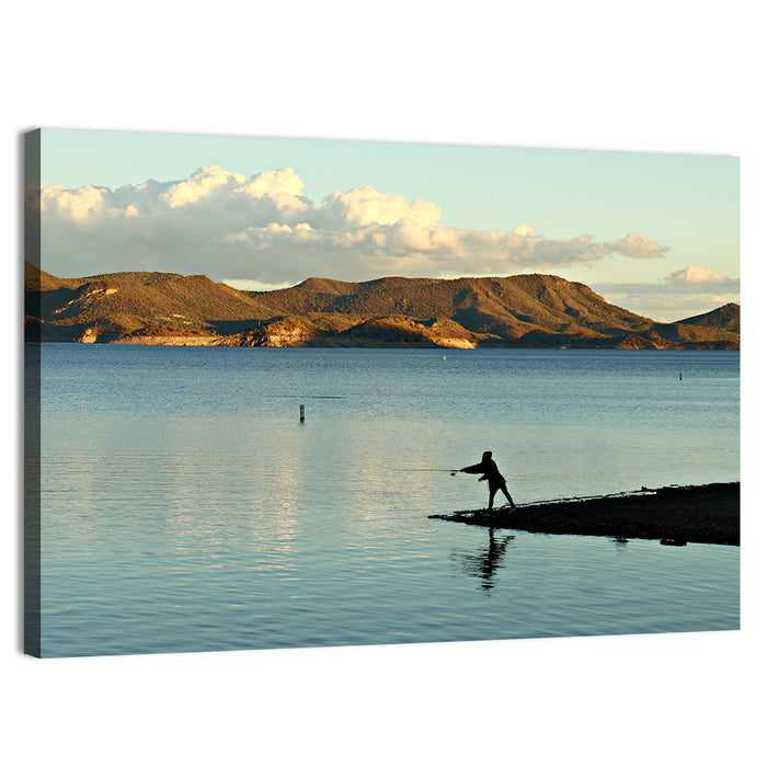 Lake Pleasant Fisherman Silhouette Wall Art as a canvas print
