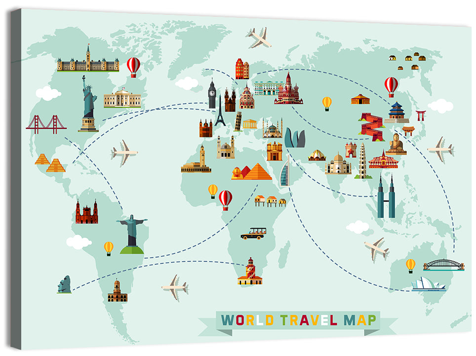 World Travel Map Illustration Wall Art, canvas print, landscape