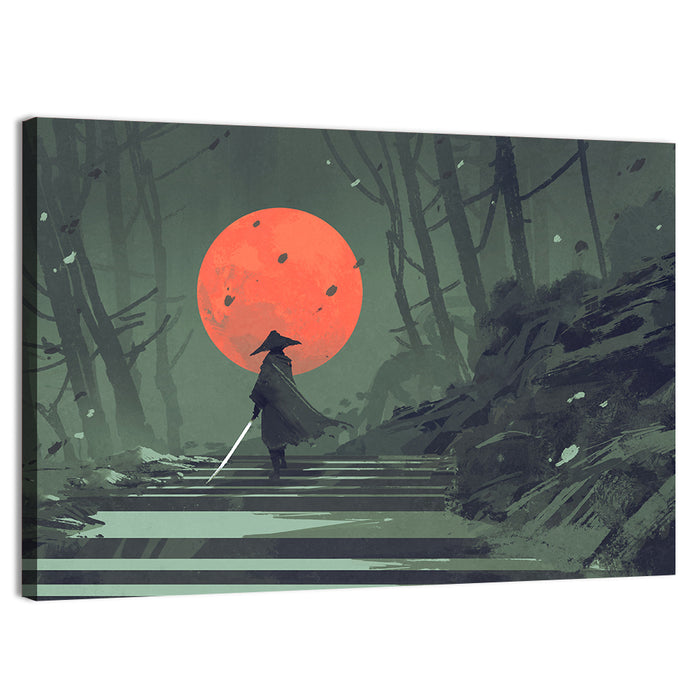 Samurai Under Red Moon Wall Art as a canvas print