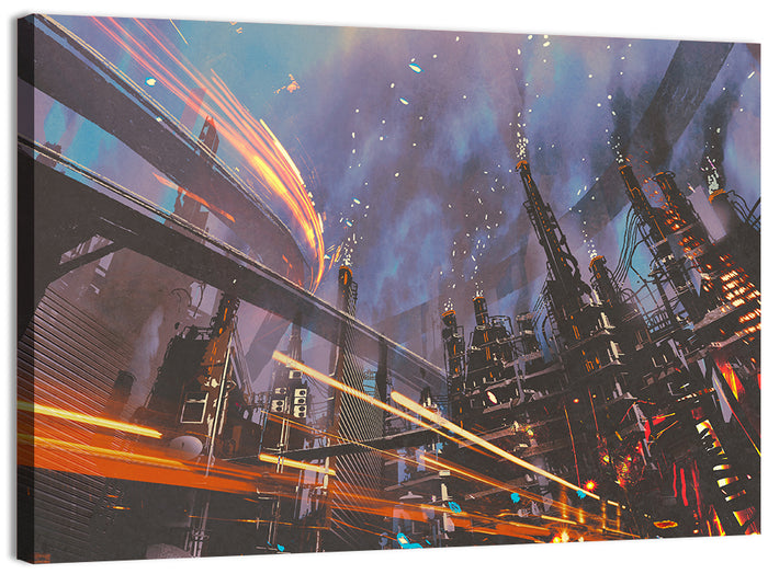 Futuristic Industrial Cityscape Wall Art as a canvas print